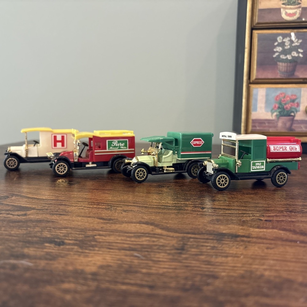 Vintage 4-Truck Lot -Super Oil Tanker, Pure Mineral Water, Ambulance, Express